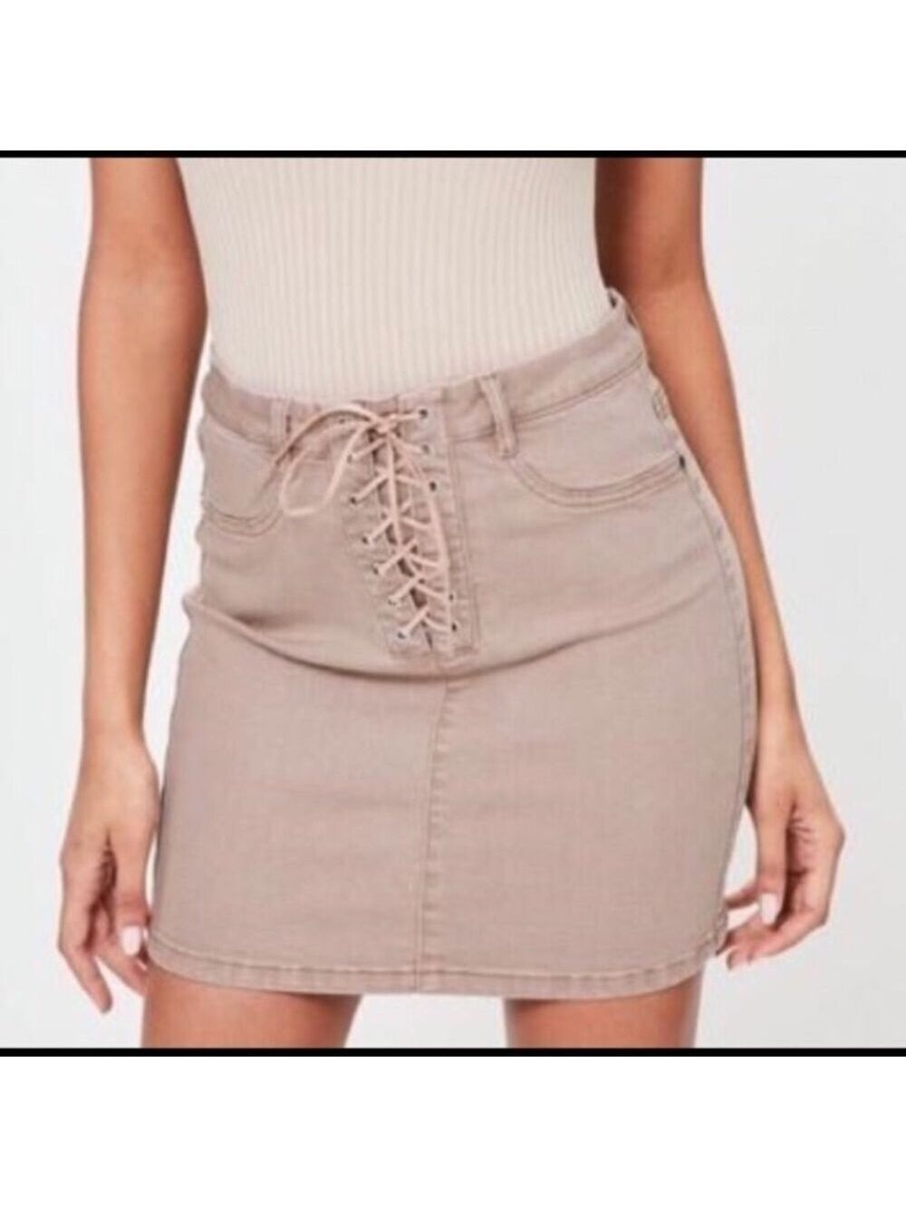 MISSGUIDED Camel Color Denim Lace Up Mini Skirt
